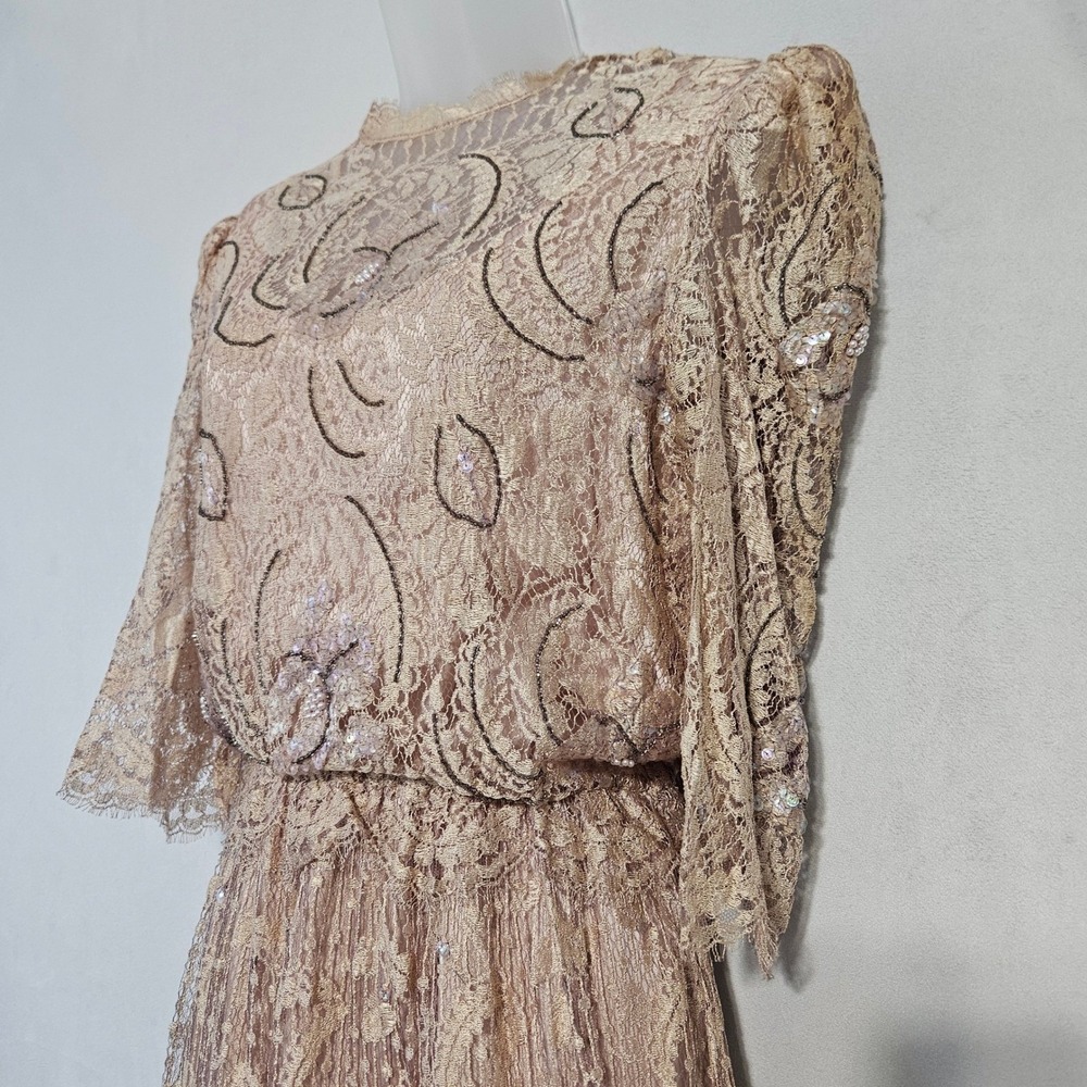 VTG Rina di Montella Lace Midi Dress 10 Champagne Sequin Beaded Cocktail Cottage - Picture 15 of 16